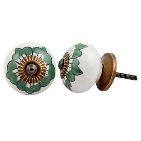 White Green Painted Floral Knob